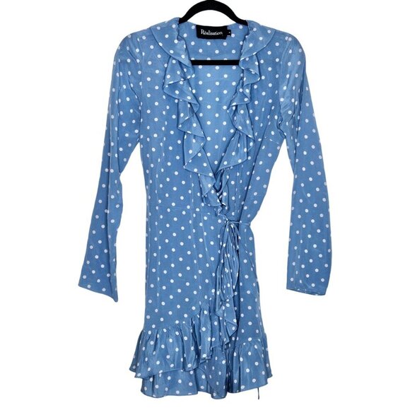 Realisation Par Alexandra Blue Polka‎ Dot Wrap Mini Dress Size M - Picture 4 of 13
